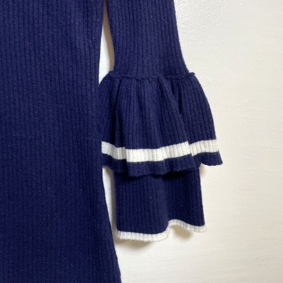 FRAME Double Ruffle-Cuff Rib-Knit Wool Sweater Navy Blue Supersoft Size Small - Picture 5 of 10